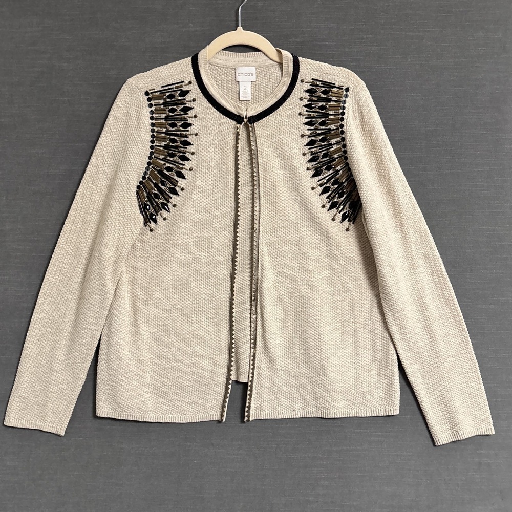 Chicos Cardigan 2 M US 12 Beige Bronze Beaded Open Front Cocktail Career Classic